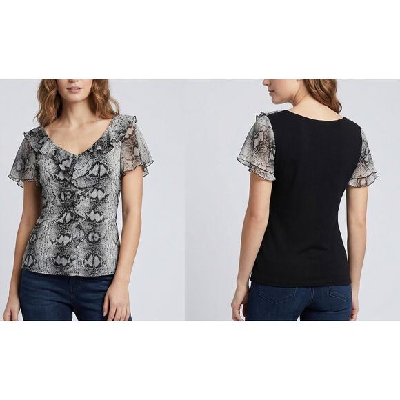 WHBM White House Black Market Small Black Flutter Short Sleeve Top - Picture 4 of 11